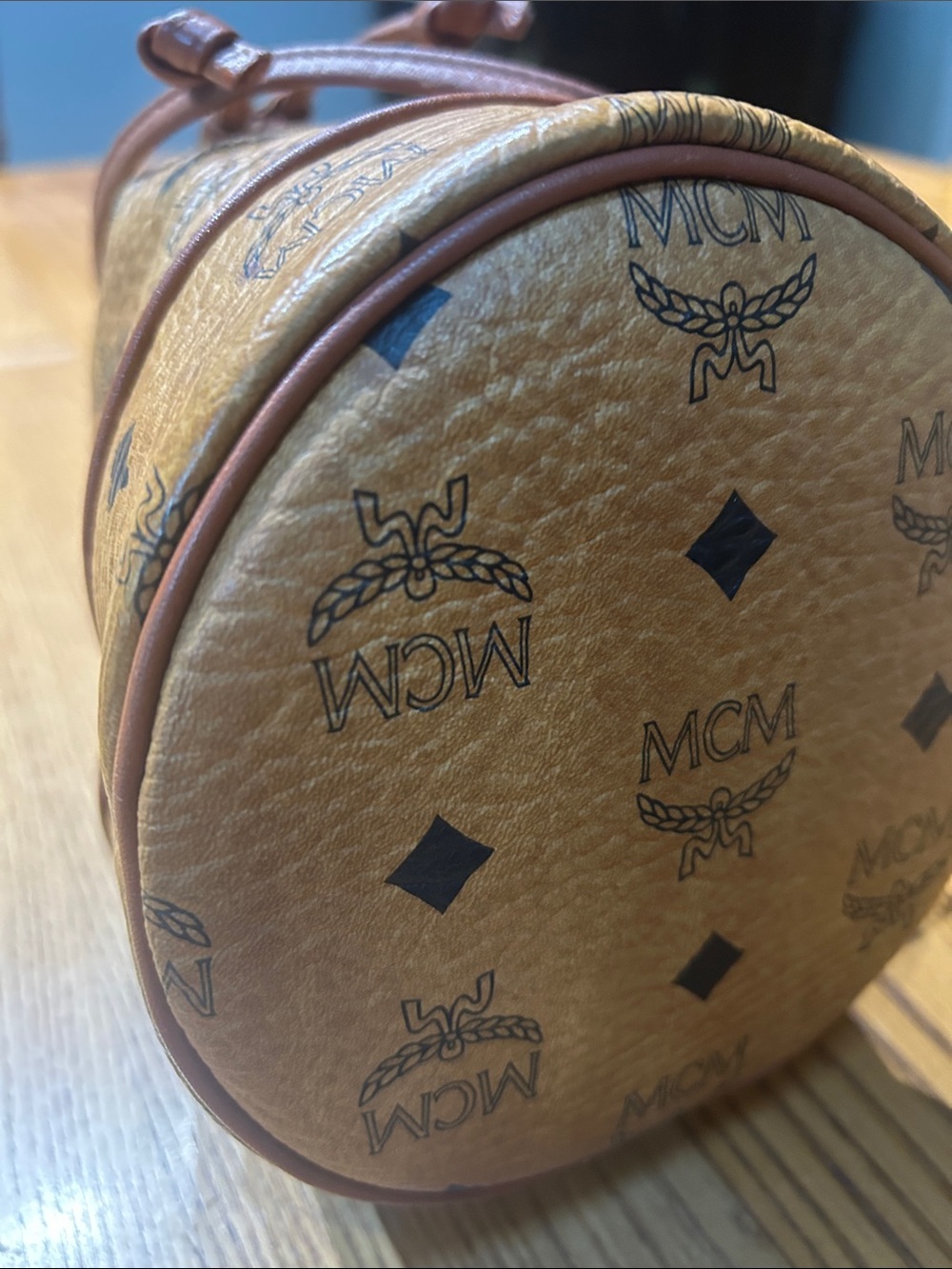 MCM Cognac Brown Monogram Leather Drawstring Mini Bucket Bag - Picture 6 of 11